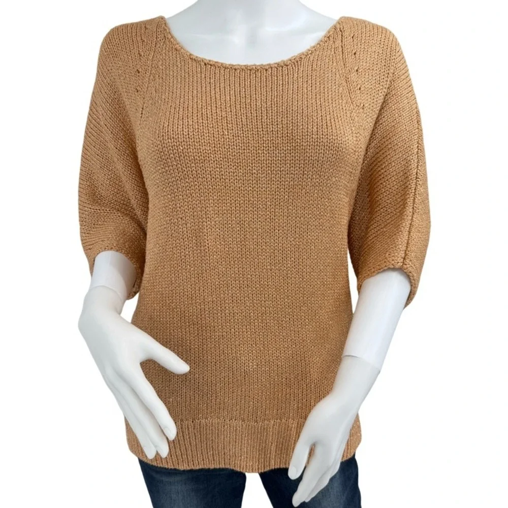CHICOS Size Large Short Sleeve Sweater Peach Metallic Knit Pointelle Easter Wear